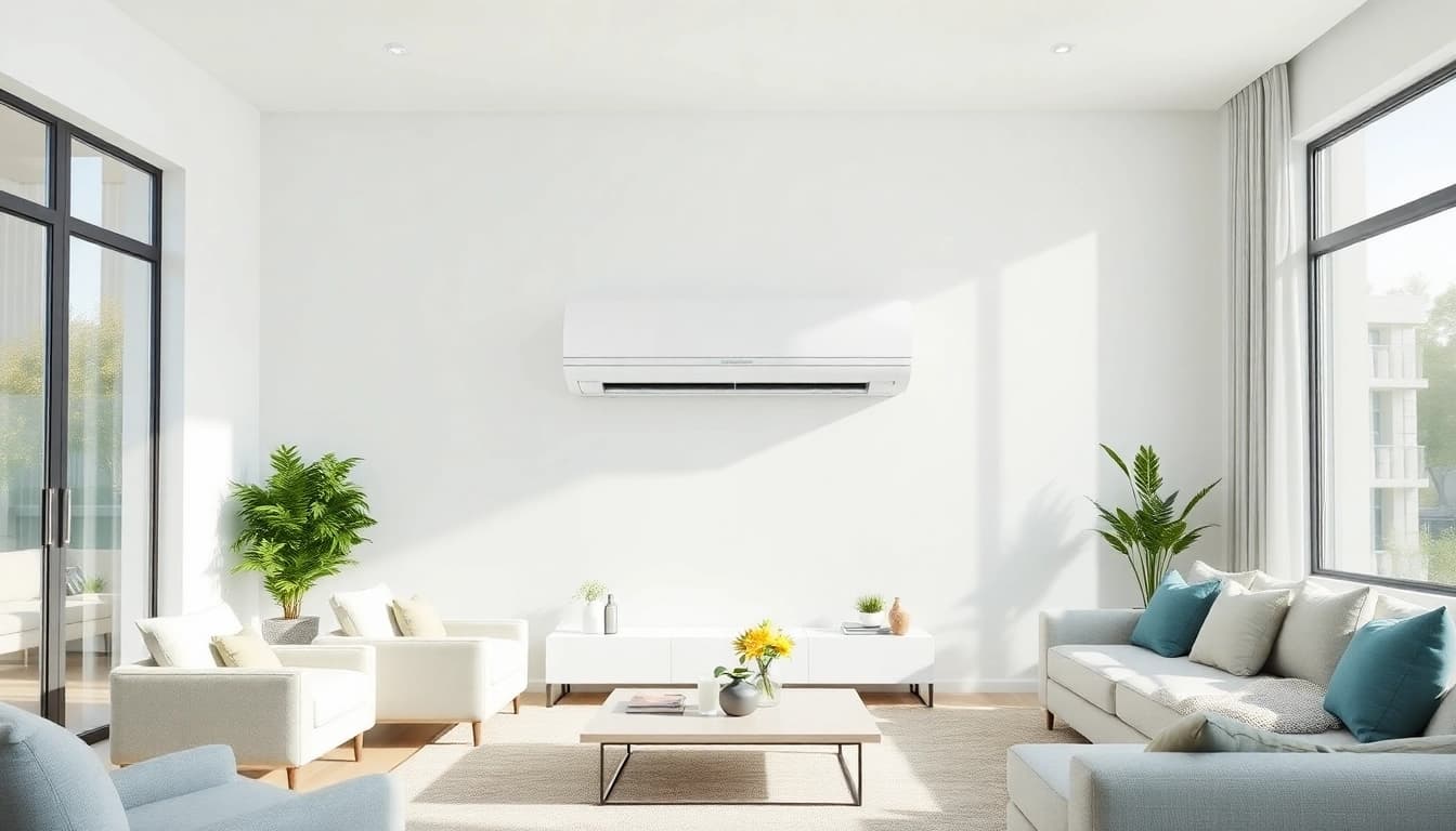 Mitsubishi mini split AC unit installed in a modern living room, highlighting its sleek design and functionality.