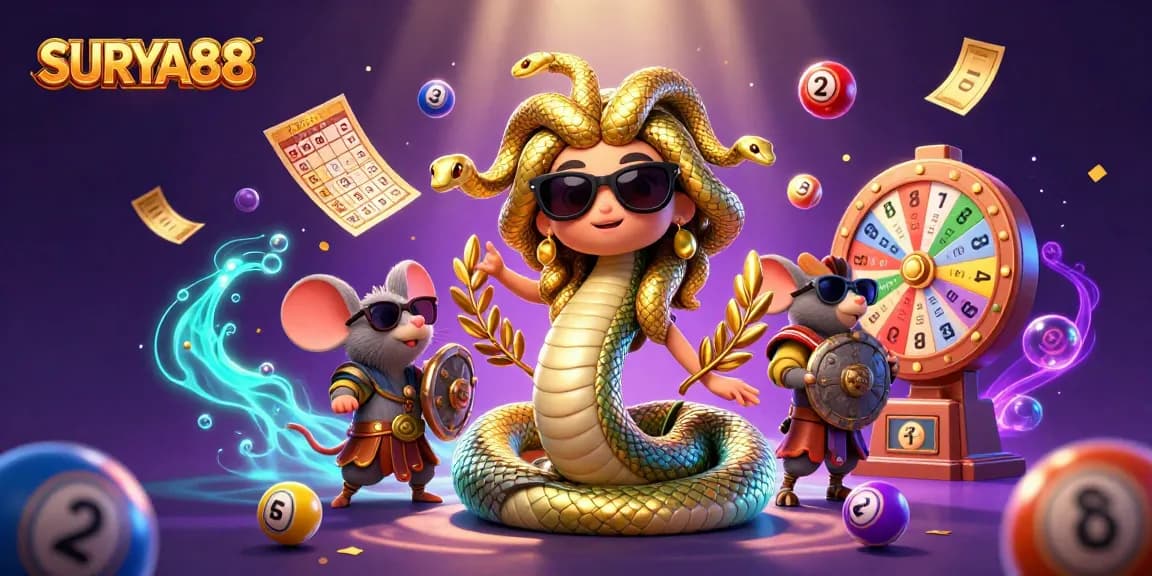 SURYA88 players engage with vibrant lottery elements in a lively casino scene.