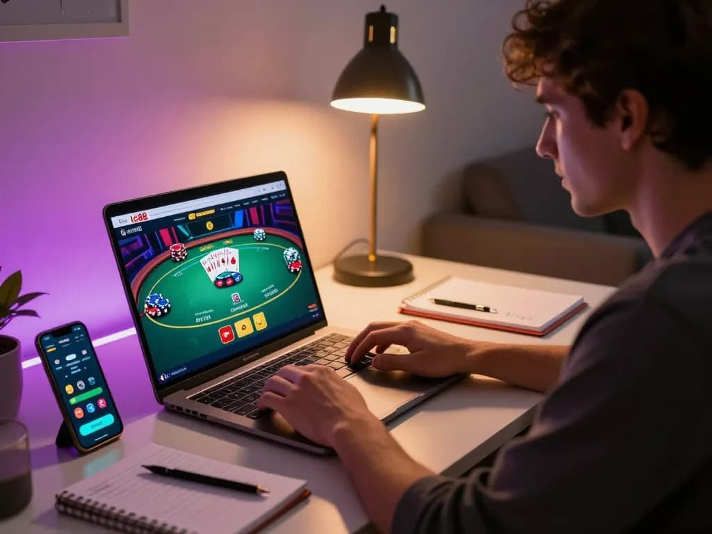 Gamer engaged in online poker at lc88, showcasing strategy and excitement.