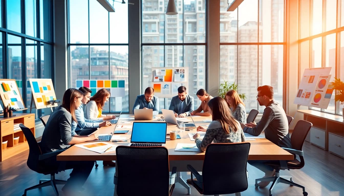 Creating engaging web design edmonton with a collaborative team in a modern workspace.
