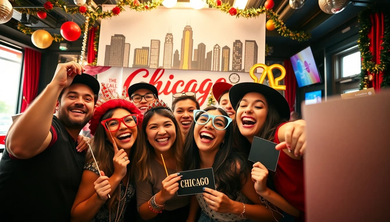 Enjoying a lively photo booth Chicago experience with friends and fun props.