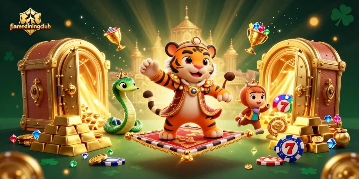 Play thrilling slots at flamediningclub, featuring a vibrant scene of a cartoon sultan on a flying carpet surrounded by treasures.