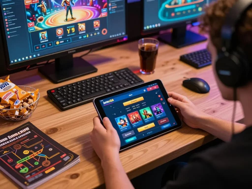 Player actively using the iwinclub app on a tablet with strategy notes and snacks.
