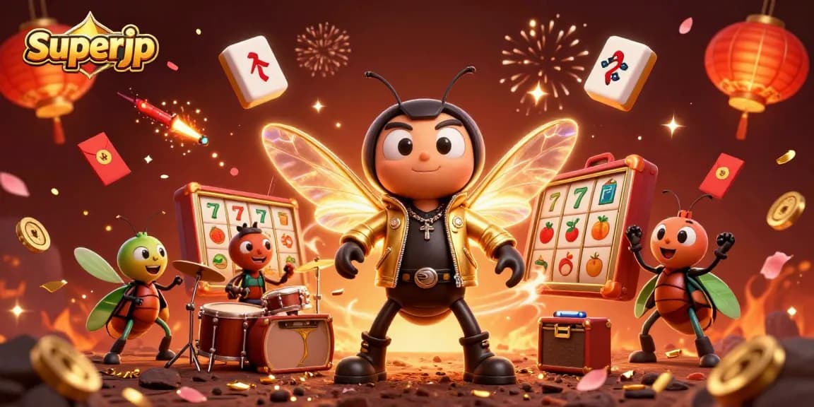 Experience the excitement of superjp with a vibrant 3D casino scene filled with celebratory elements.
