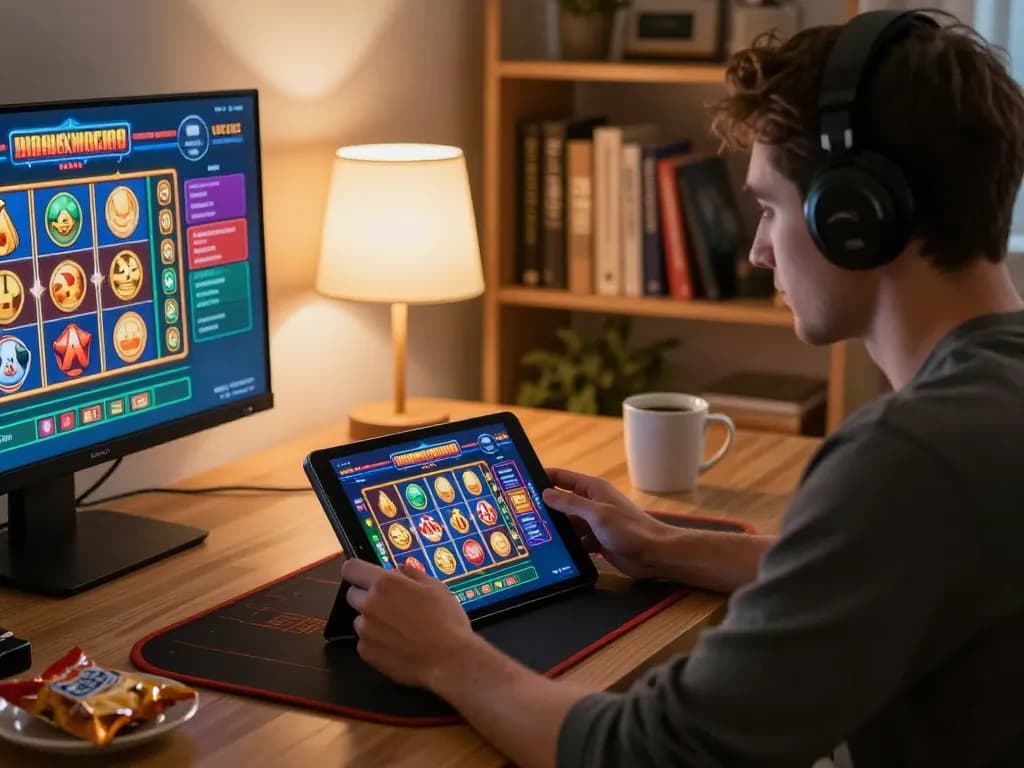 Player enjoying online casino experience on tablet with lc88 slots interface visible, cozy home atmosphere