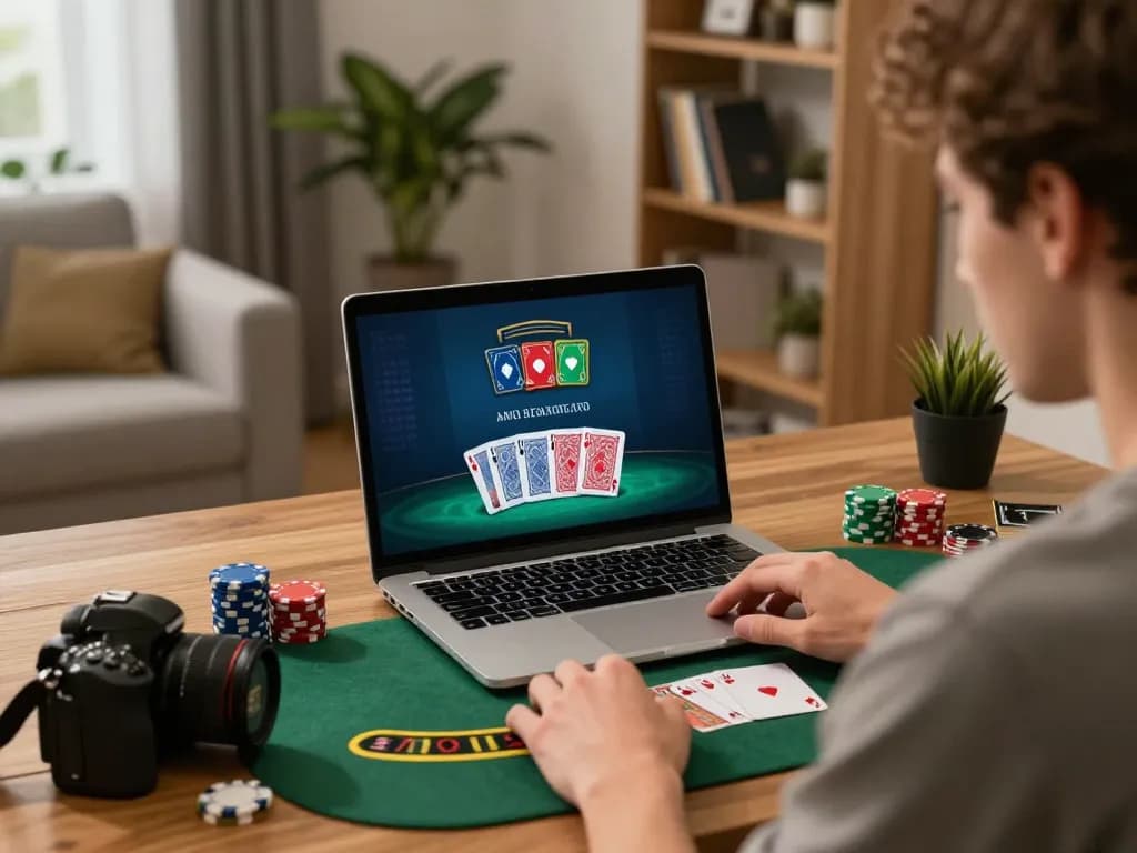 Engaged in online casinos Canada gameplay with strategic blackjack on laptop in a cozy home office.