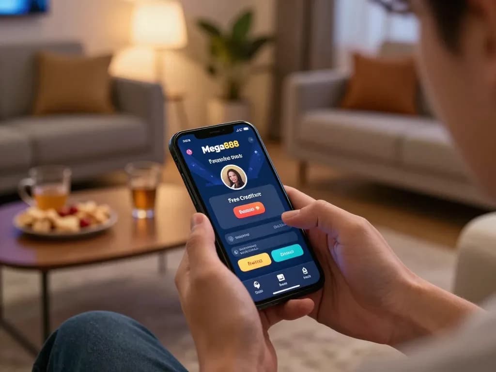 Engaging online gaming session on smartphone showcasing free credit mega888 options in a cozy home setting