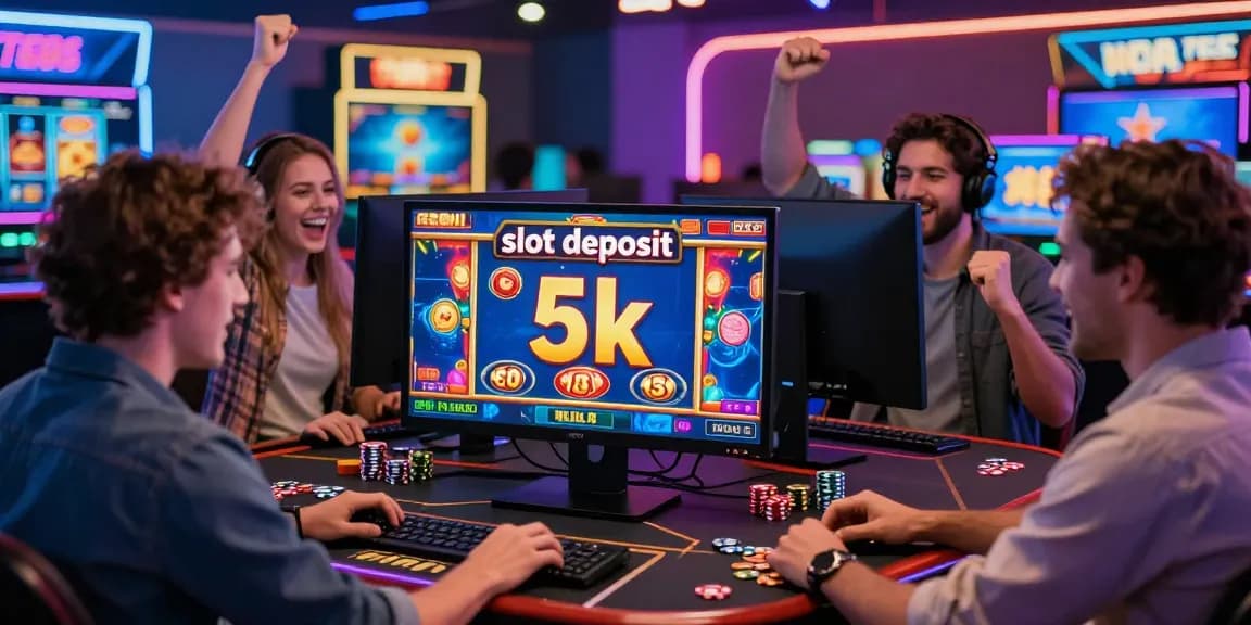 Players celebrating a slot deposit 5k win in a lively online casino.