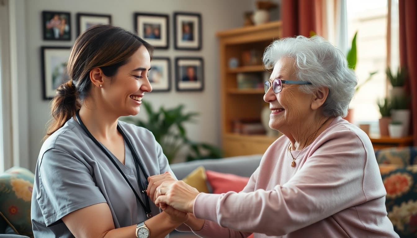 Engaging caregiver providing austin senior home care to an elderly woman in a peaceful home setting.