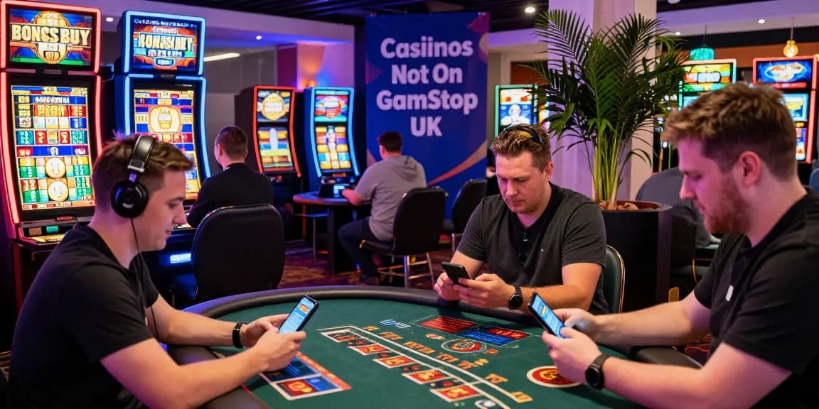 Players enjoying games at casinos not on gamstop uk, featuring Bonus Buy slots and live dealer tables in a vibrant casino atmosphere.