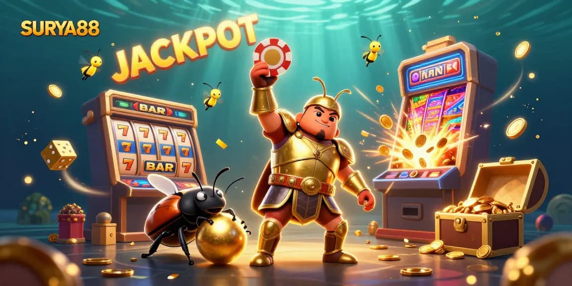 Play and win big with SURYA88 in this vibrant casino-themed 3D illustration highlighting exciting gaming elements.