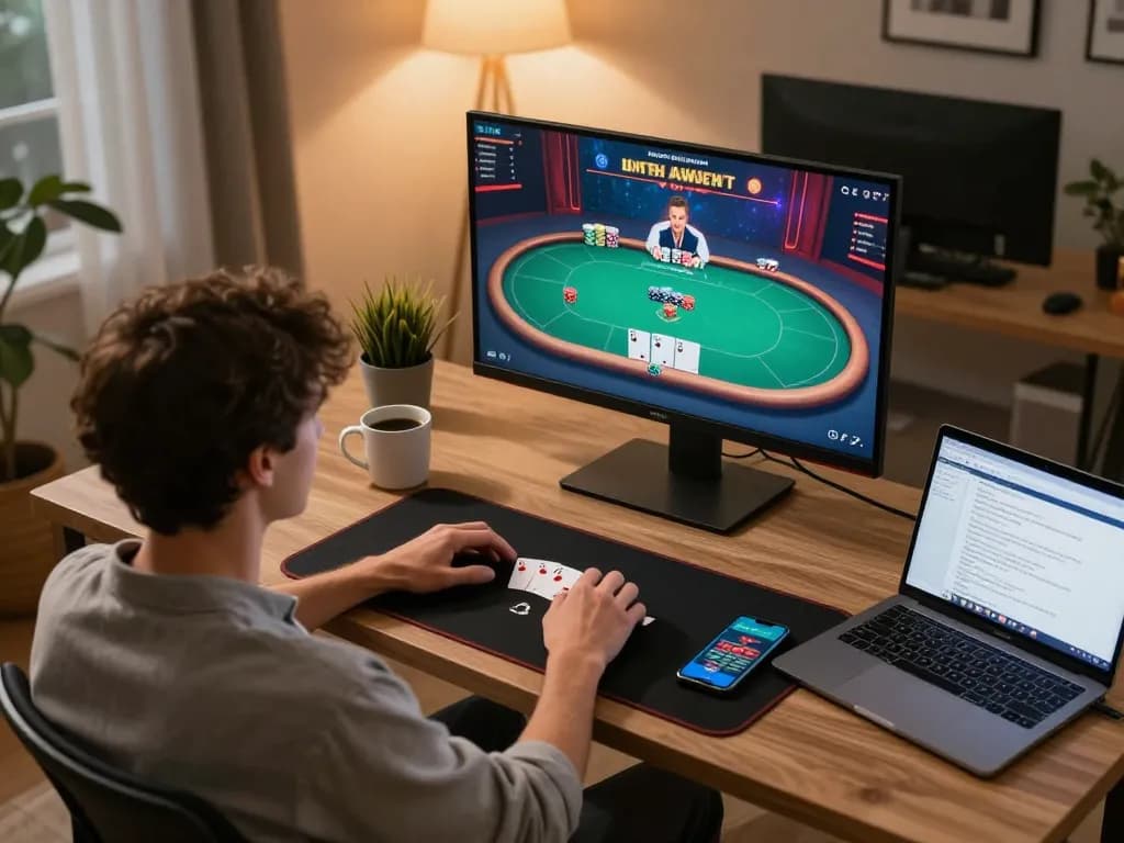 Engaging in online poker at the CỔNG GAME SUNWIN from a cozy home office.