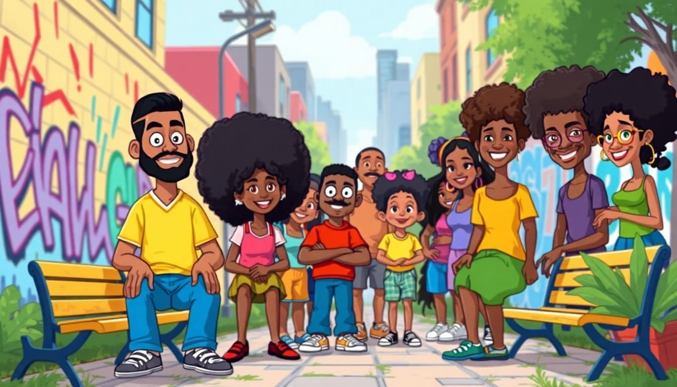 A collection of African American cartoons characters celebrating diversity and creativity in an urban setting.