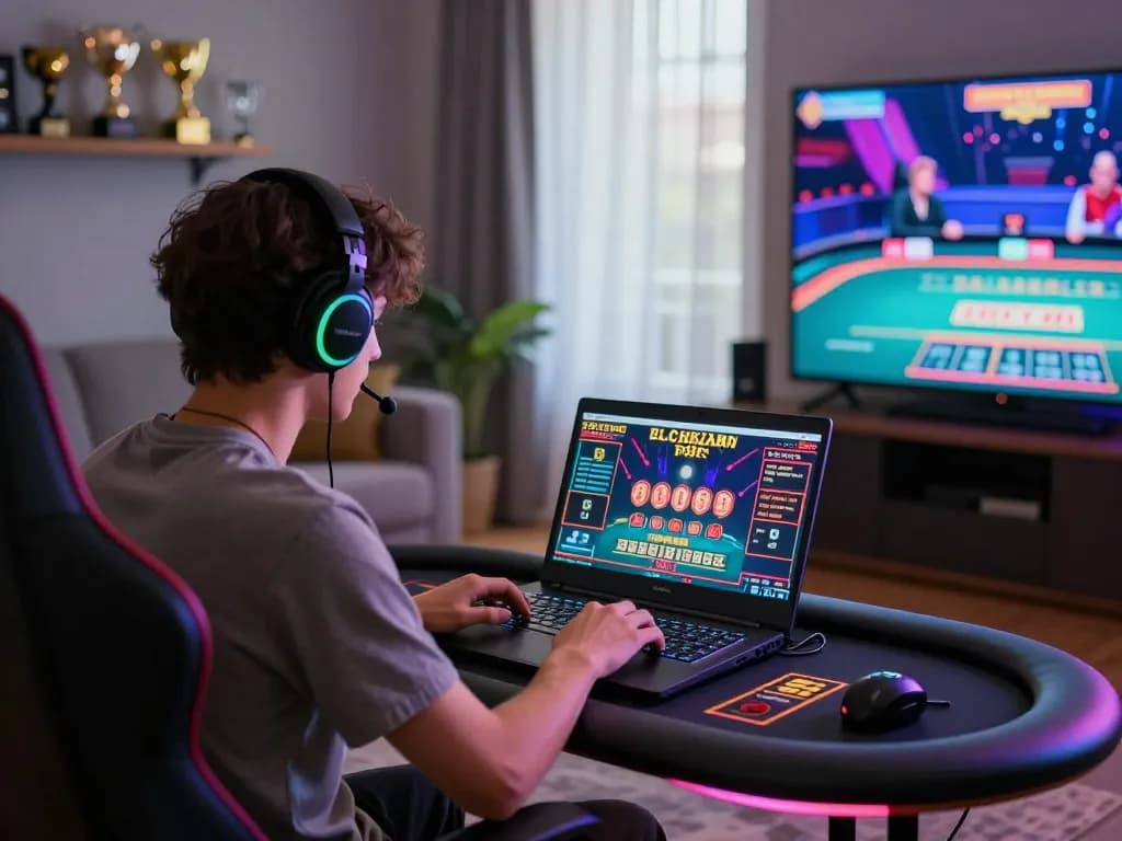 Engaging gamer playing 바카라사이트 in a modern living room with vibrant gaming elements.