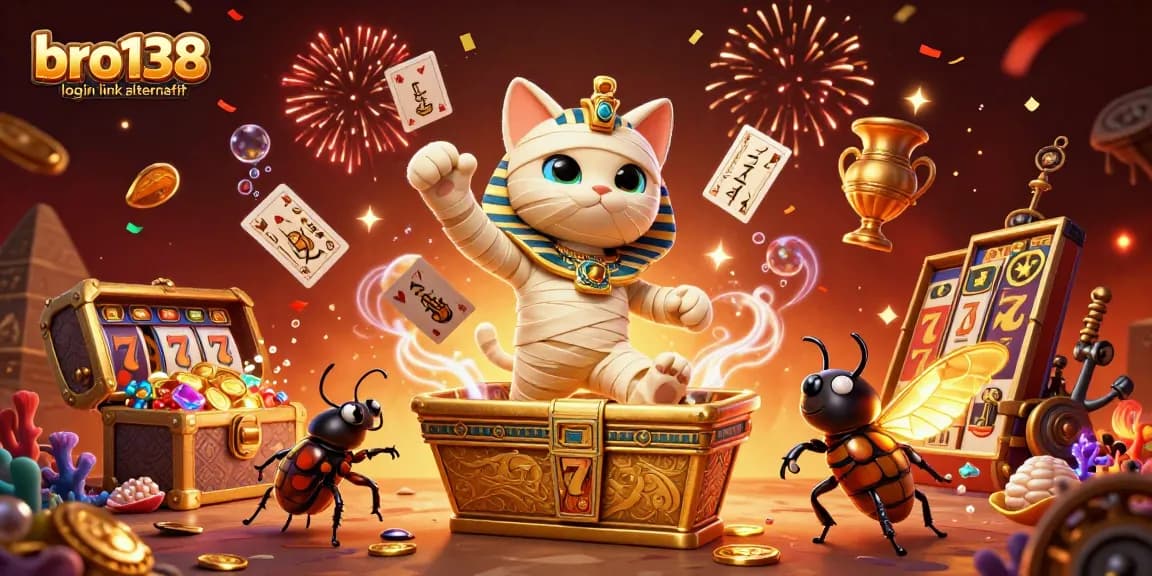 Play slots at bro138 login link alternatif with vibrant mummy cat and glowing scarab, enjoy immersive casino fun!