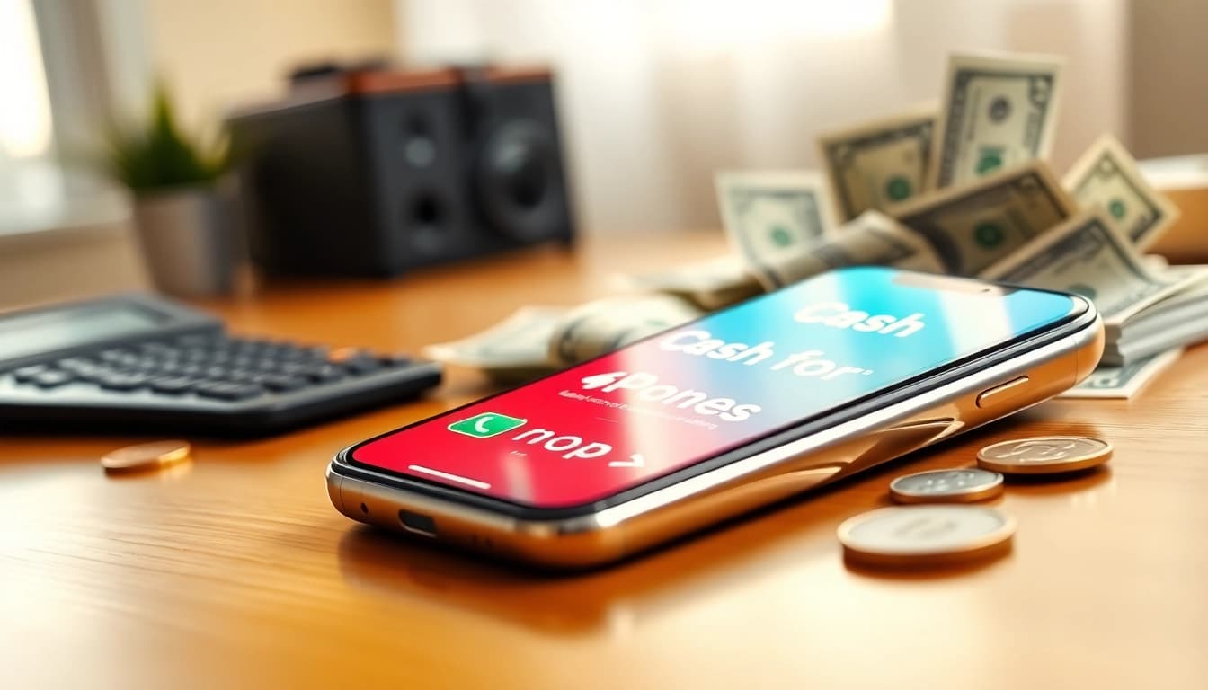Sell phone for instant cash with a smartphone on a desk surrounded by money and a calculator.