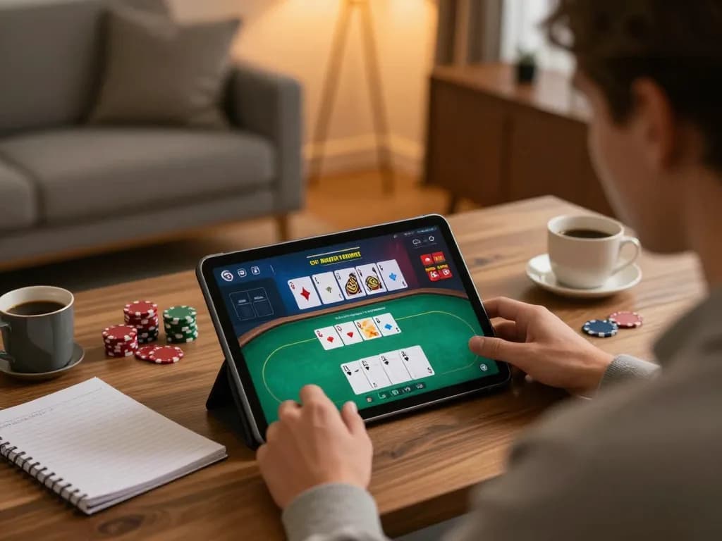 The player on alexis77 reviews poker hands on a tablet in a cozy home office