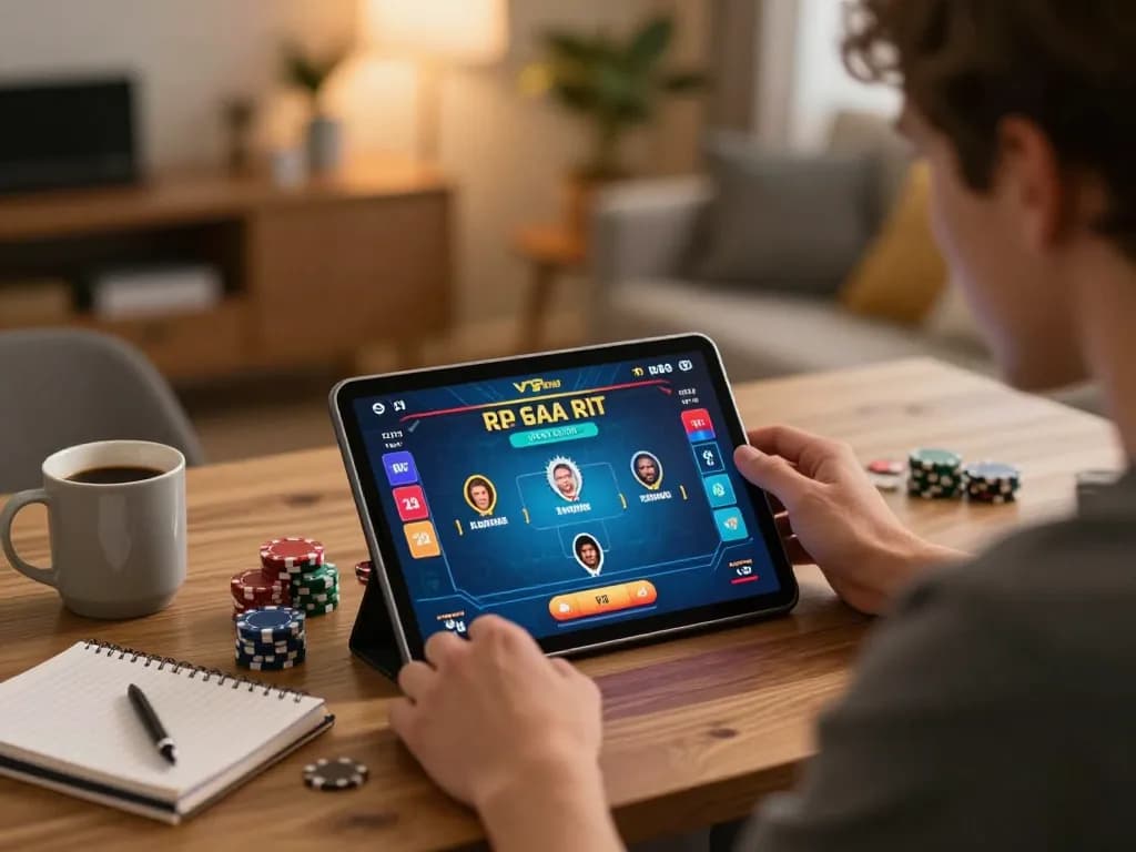 Engaging in a vipwin online poker session at home, showcasing strategy and comfort.