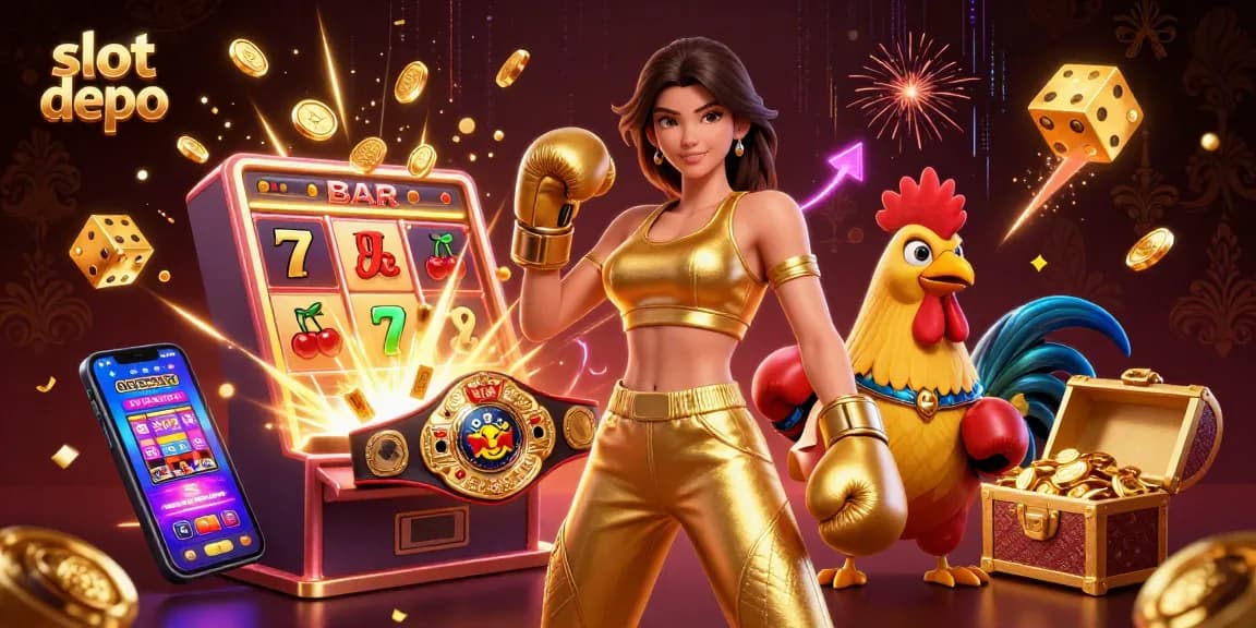 Engage with slot depo thrills as a stunning woman and a cartoon rooster join a jackpot explosion in a vibrant casino scene.