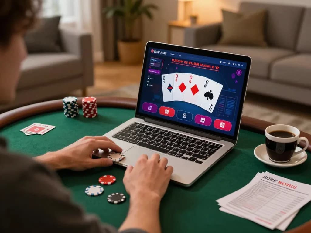 Go88 player engaged in a thrilling online poker game on laptop at home with glowing casino interface.