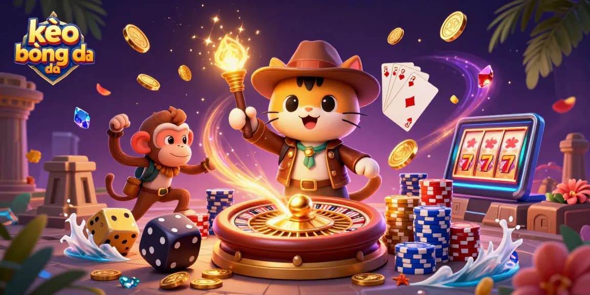 Engage in kèo bóng đá strategies with a cartoon archaeologist cat exploring a golden casino artifact.