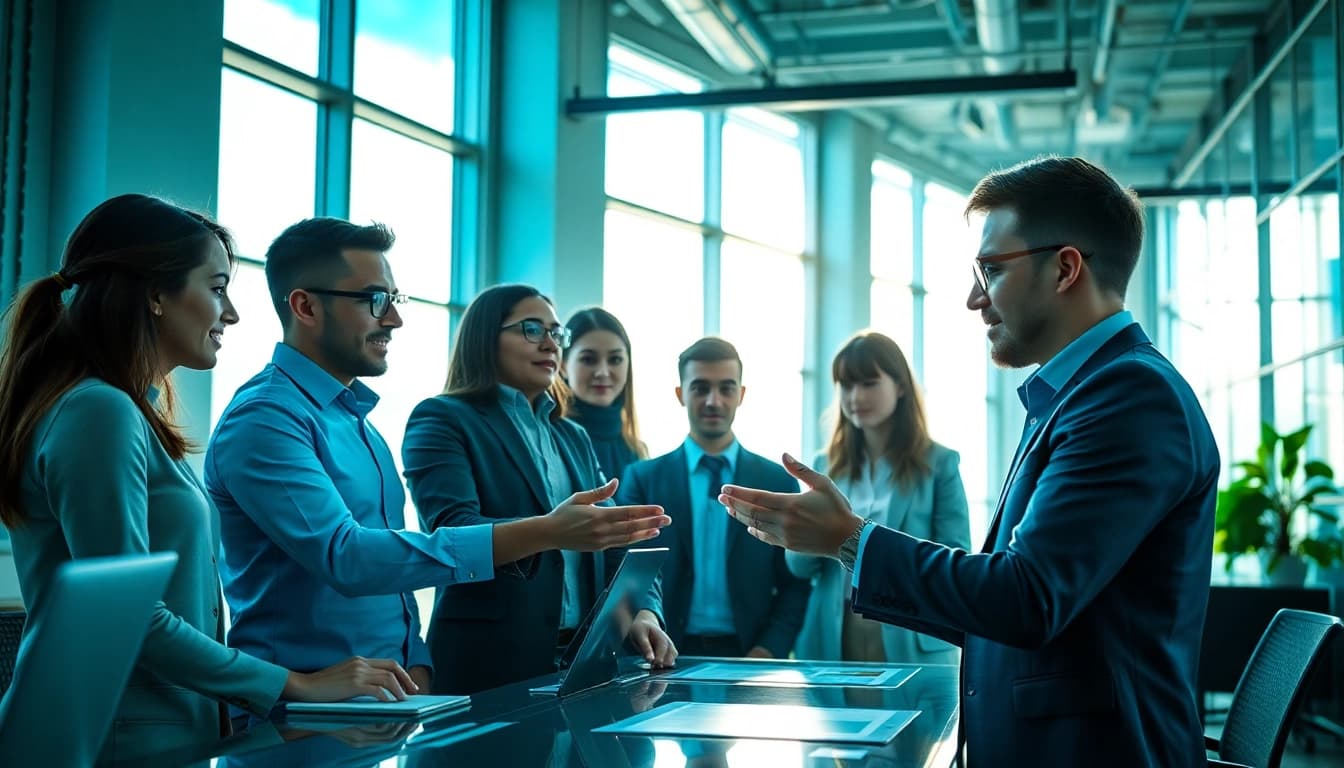 Engaging enterprise assistant collaborating with professionals in a modern office.