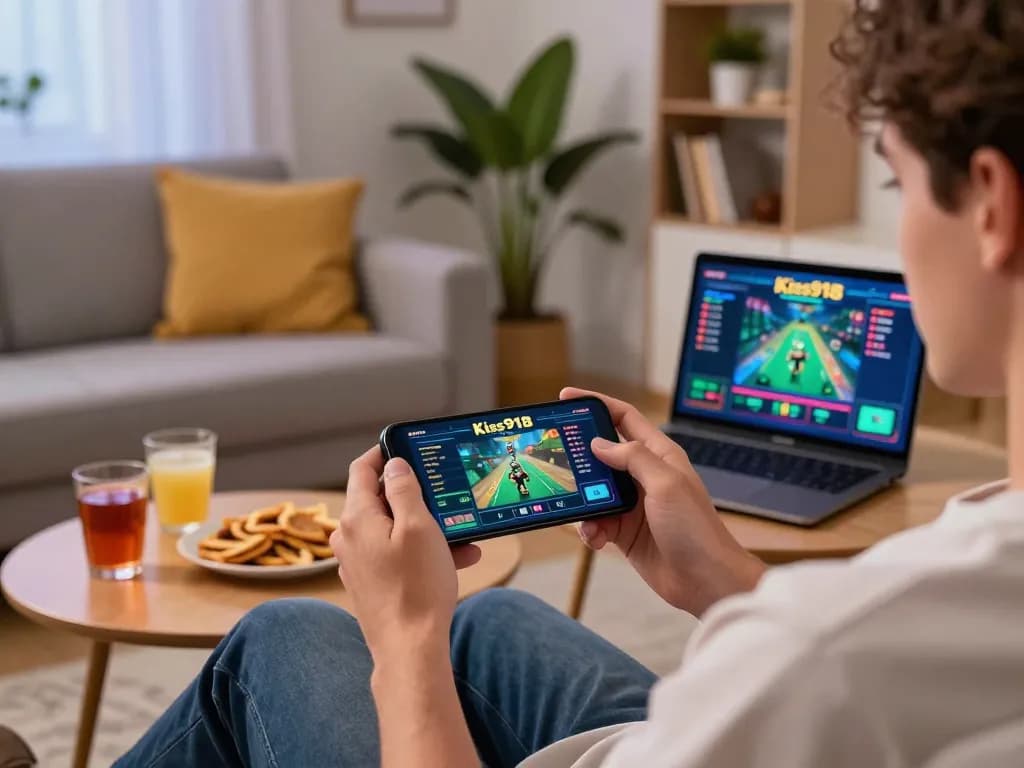Kiss918 apk player enjoying mobile gaming experience on smartphone in cozy home ambiance.