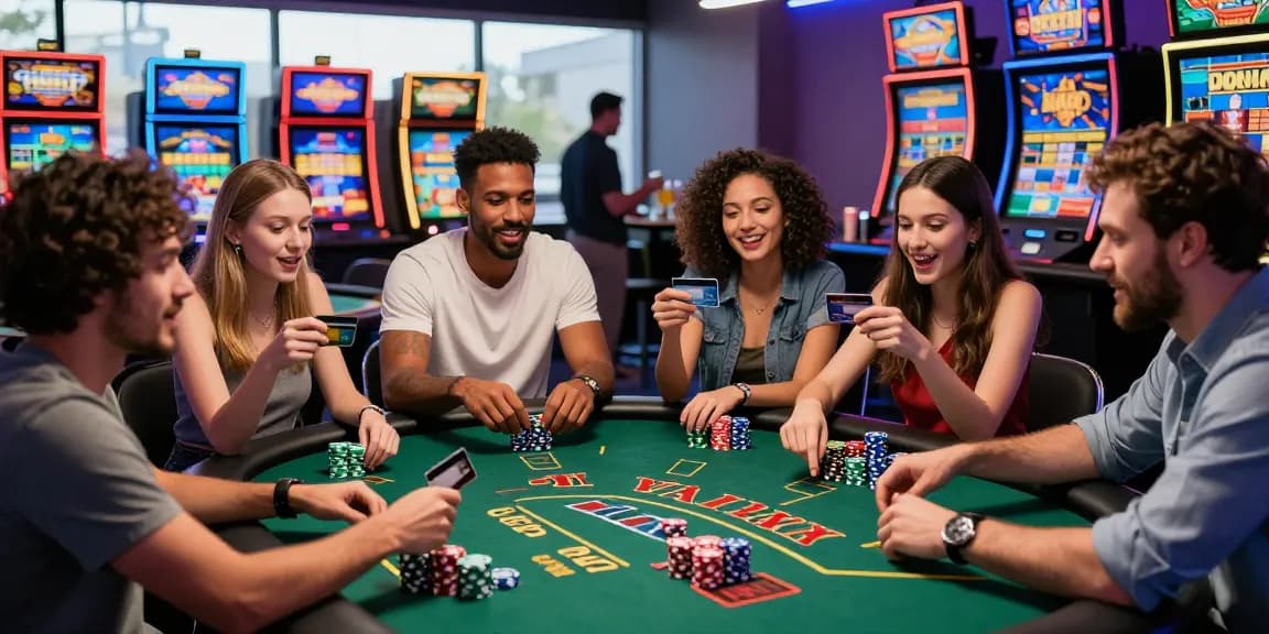 Friends enjoying a lively game at credit card casinos, immersed in excitement with chips and strategies.