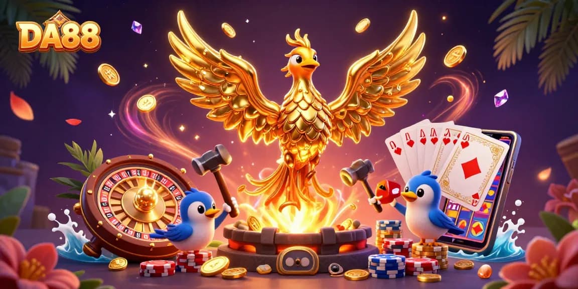 Experience the excitement of DA88 as a golden phoenix emerges, surrounded by dynamic casino elements and shimmering coins.