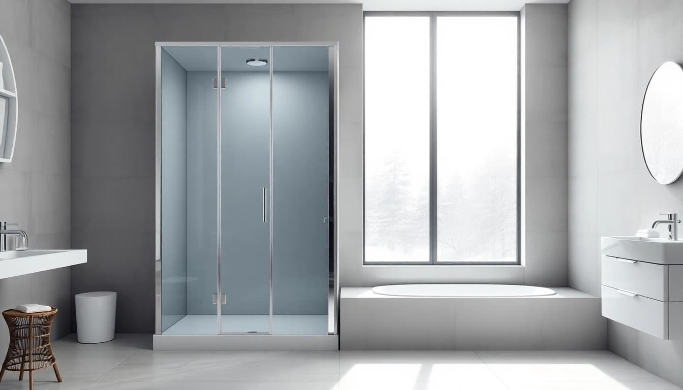 Duschkabine 90x90 in modernem Badezimmer mit eleganten Details und natürlichem Licht.