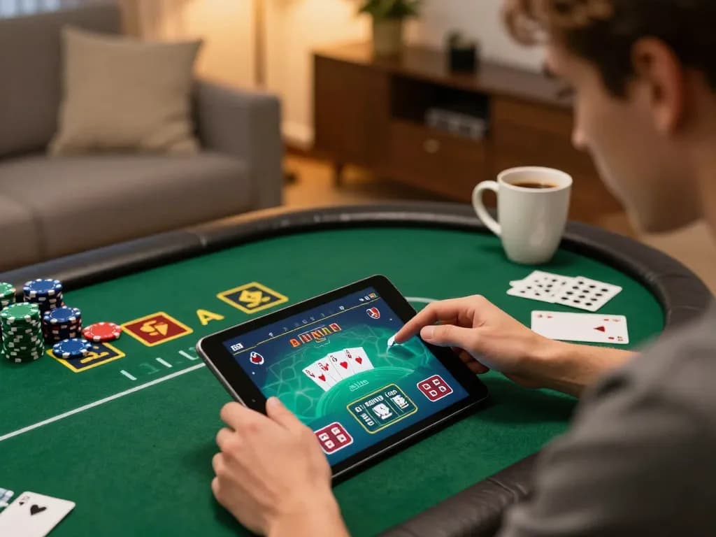 Player engaging in strategic poker gameplay on a tablet for kp88, highlighting an immersive home gaming atmosphere.
