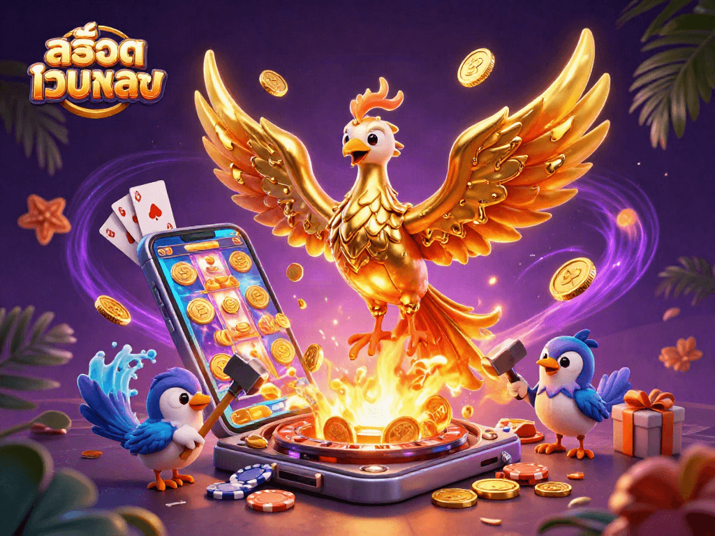 Experience the thrill of สล็อตเว็บตรง with our vibrant 3D illustration full of slots and casino elements.