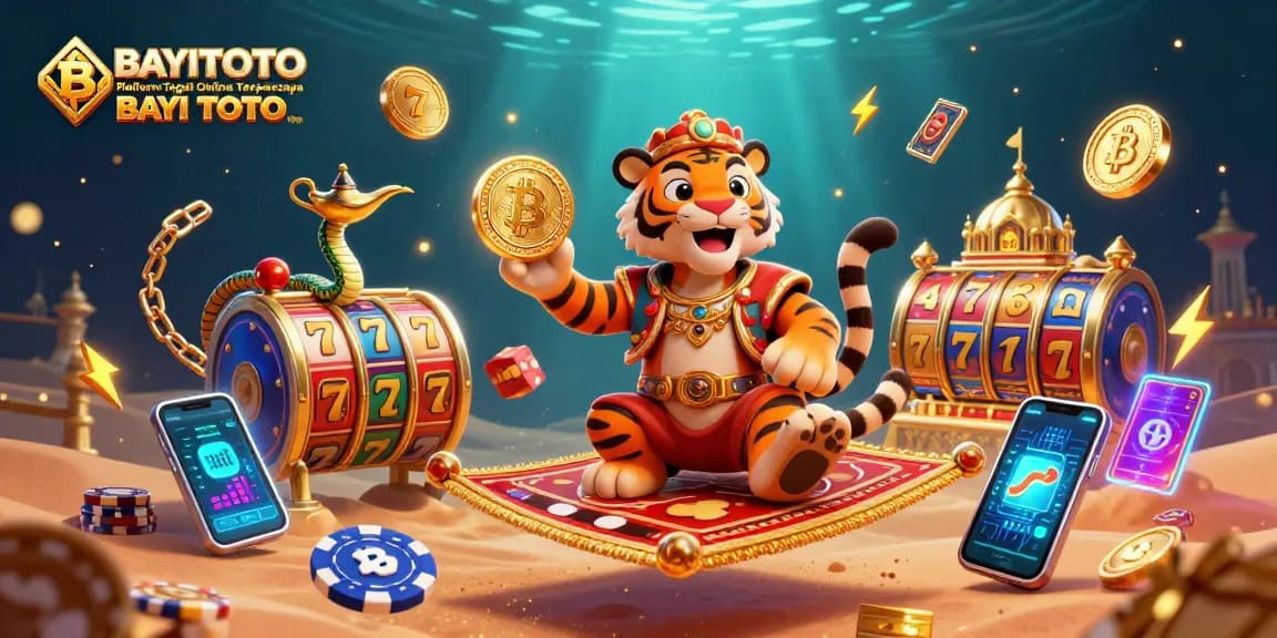 BAYITOTO Platform Togel Online Terpercaya BAYI TOTO dengan Peluang Menang Tinggi showcases a vibrant tiger sultan and magical elements of winning.