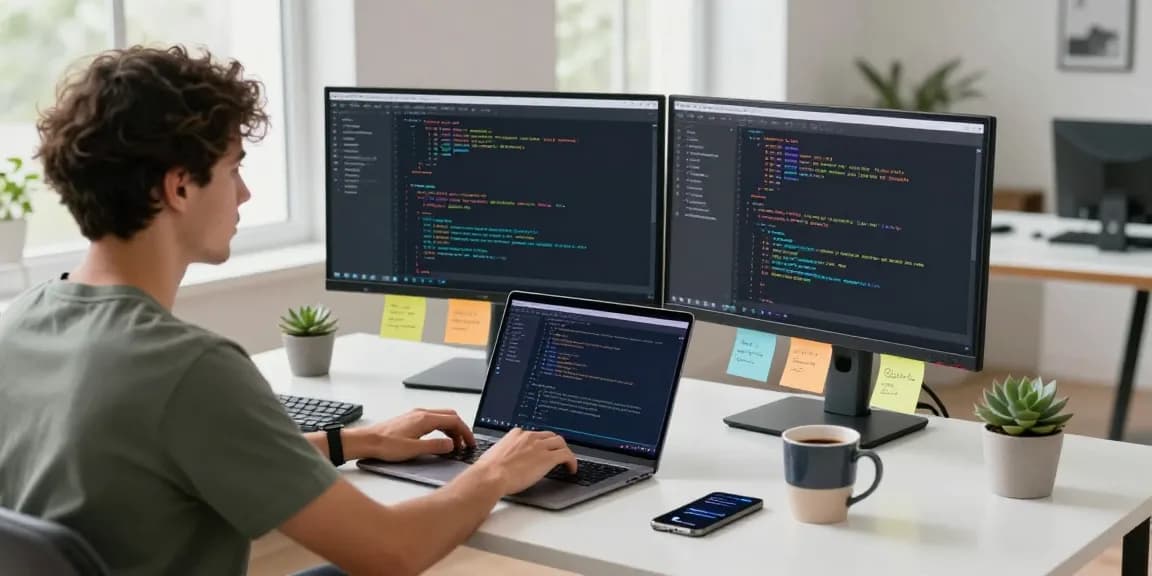Developer working on 纸飞机中文版 in a dynamic tech workspace, with vibrant coding displays and innovative design.