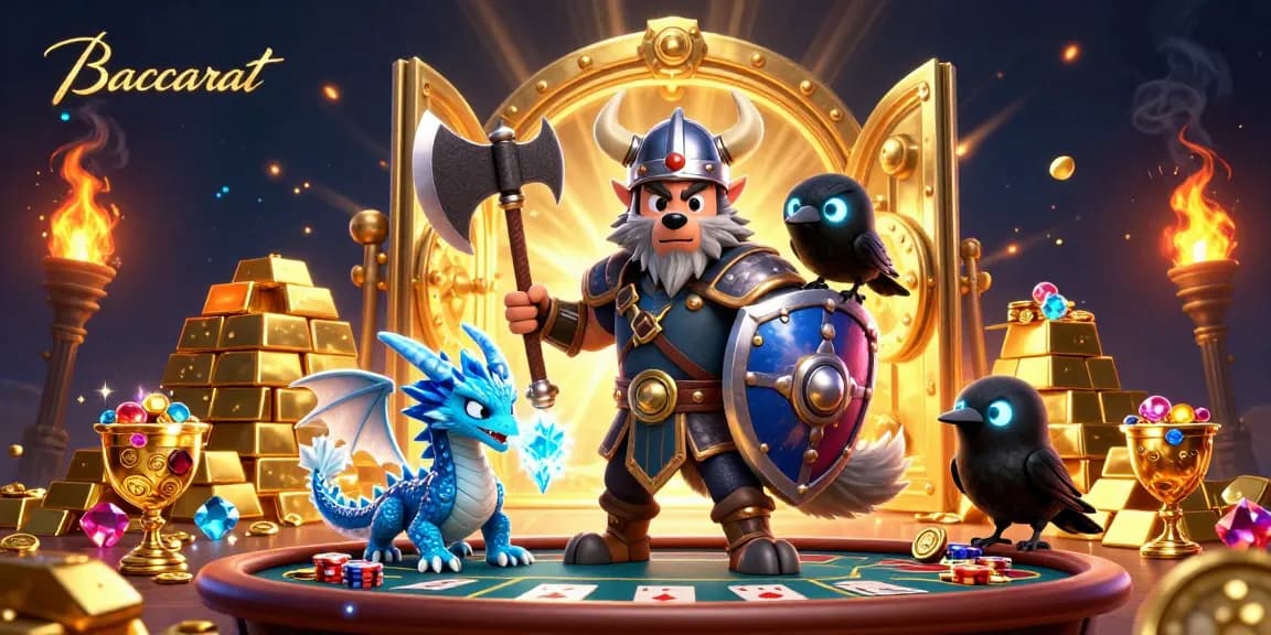 Baccarat game scene featuring a Viking wolf warrior, fierce dragon, and glowing raven amidst gold and gems.