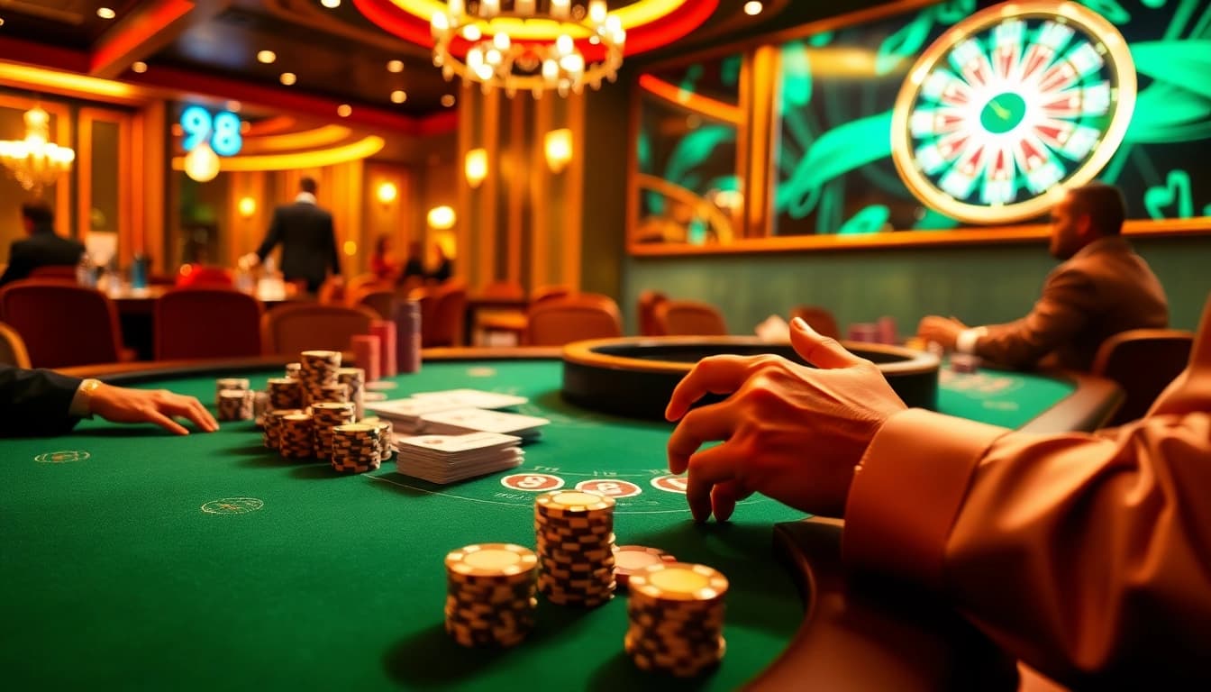 Experience the thrill of 98win with an elegant blackjack table filled with engaged players and vibrant poker chips.