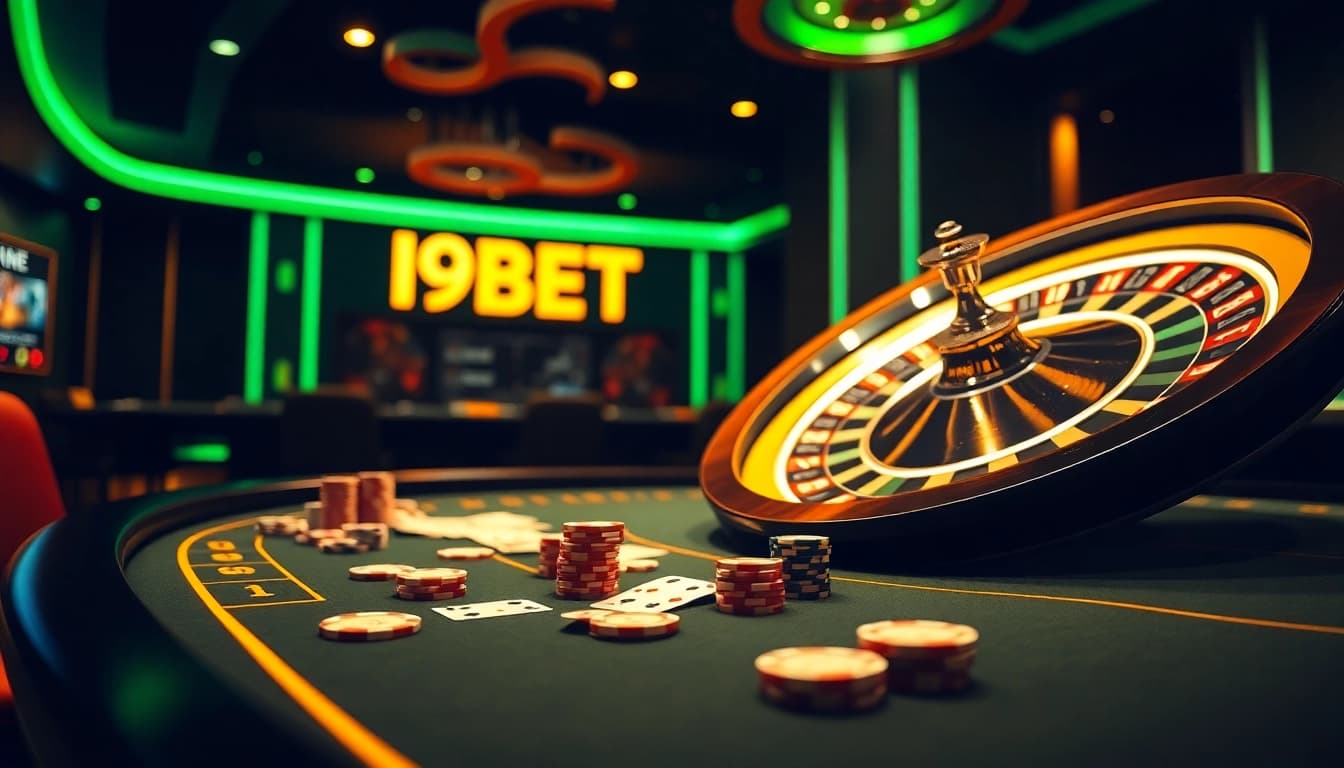 I9BET players enjoying an elegant casino experience with poker chips and a roulette wheel.