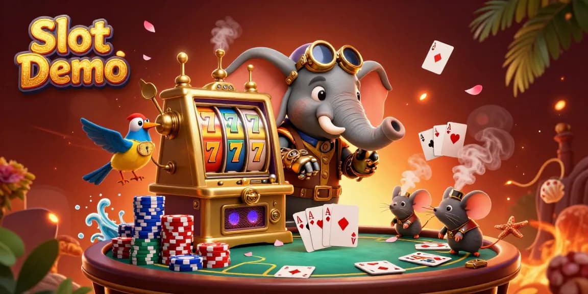 Engage with Slot Demo in this vibrant steampunk illustration showcasing a charming elephant engineer spinning a golden slot machine.