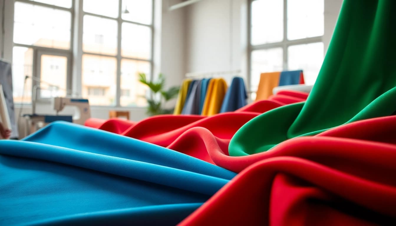 Bekijk spandex kopen opties met verschillende kleuren en texturen in een modern atelier.