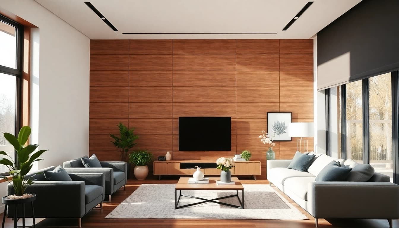 Enhancing interior wall paneling with textured wood in a modern living room.