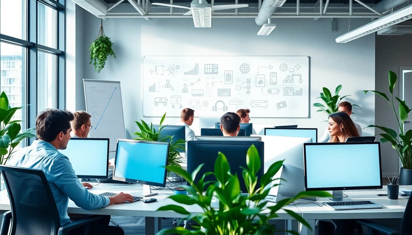 Small Business IT Support Tampa professionals collaborating in a modern office.