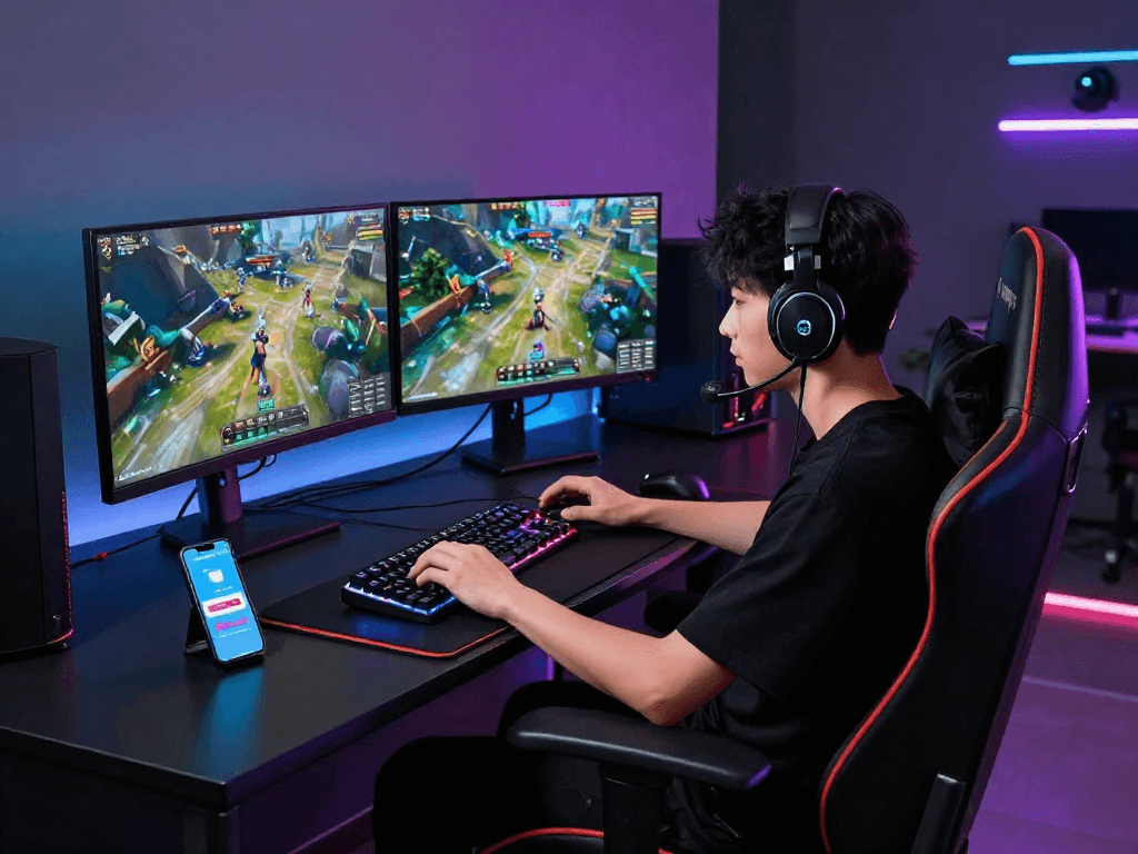 Engaging gamer using rokok88 login on sleek setup with vibrant graphics.