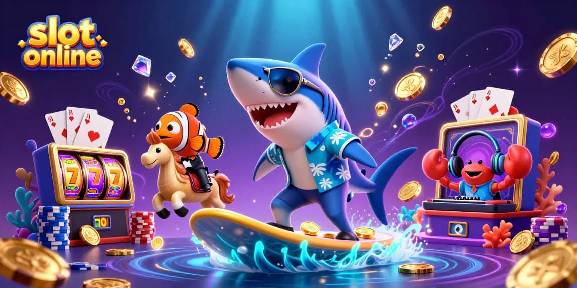 Menggandakan kesenangan slot online dengan ikan hiu kartun bermain di lautan koin emas dan simbol keberuntungan.