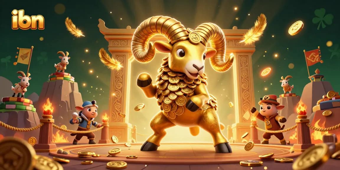 Experience the thrill of betting with ibn at this 3D illustration of a golden ram charging through a casino gate.