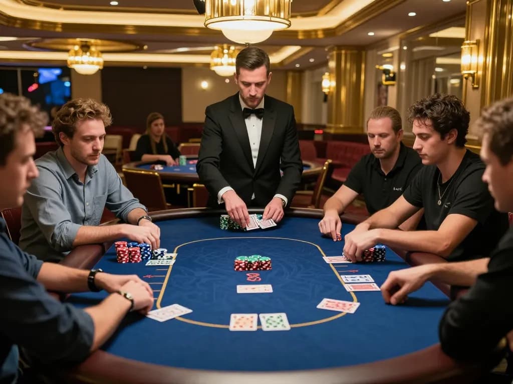 Players strategizing at a b52 poker table in an upscale casino, capturing the excitement of high-stakes gambling.