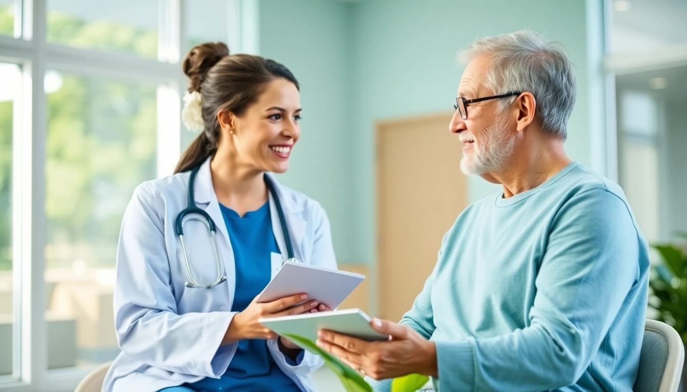 Health professional advising a patient on wellness in a tranquil clinic.