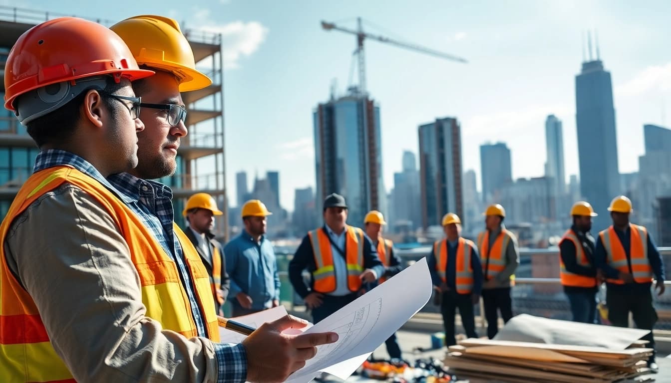 New York General Contractor guiding a diverse team on a construction site with urban skyline in background.