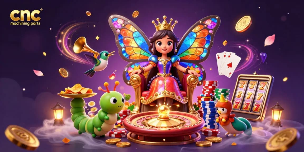 Spin winning cnc machining parts at a vibrant casino scene filled with sparkling gems and rich colors.