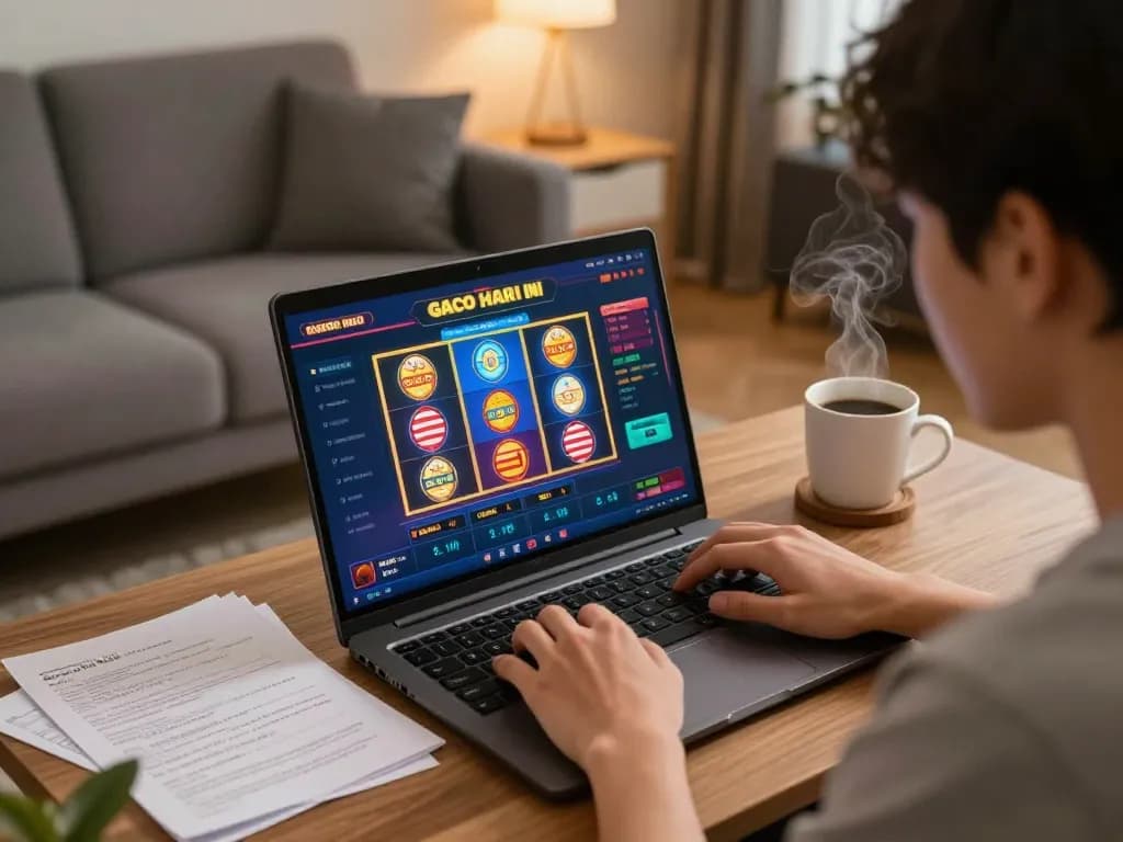 Engaged player enjoying slot gacor hari ini at home, focused on online gaming strategy and experience