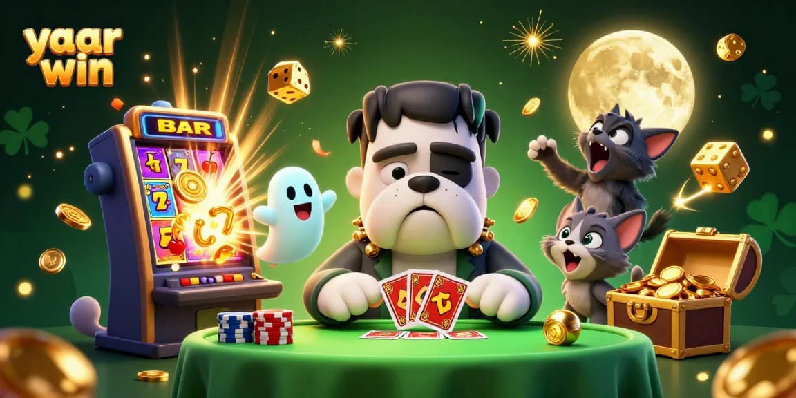 Engage with yaar win as the Frankenstein bulldog monster and friends deal cards amidst casino excitement.